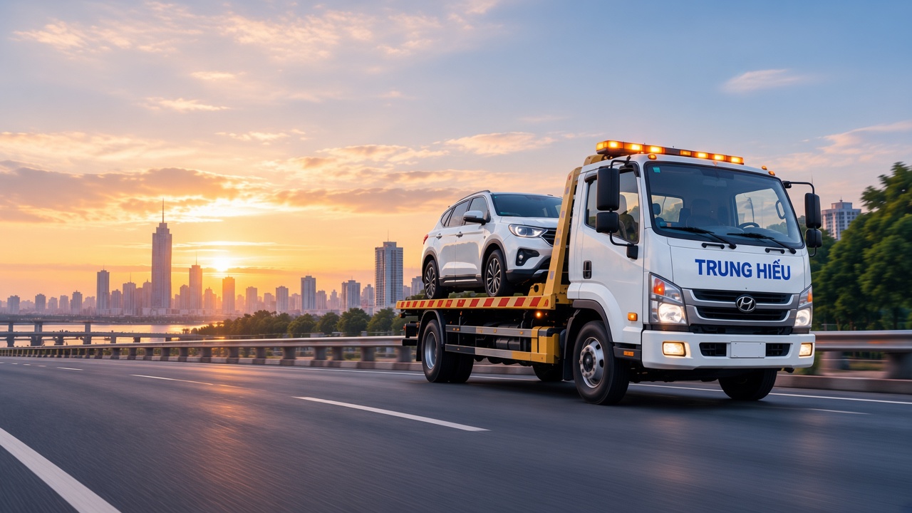 Xe cứu hộ Trung Hiếu chở SUV trên cao tốc lúc hoàng hôn